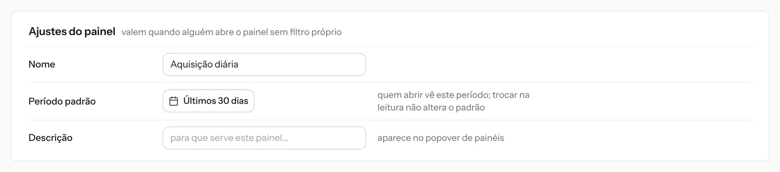 Os ajustes do painel: nome, período padrão e descrição.