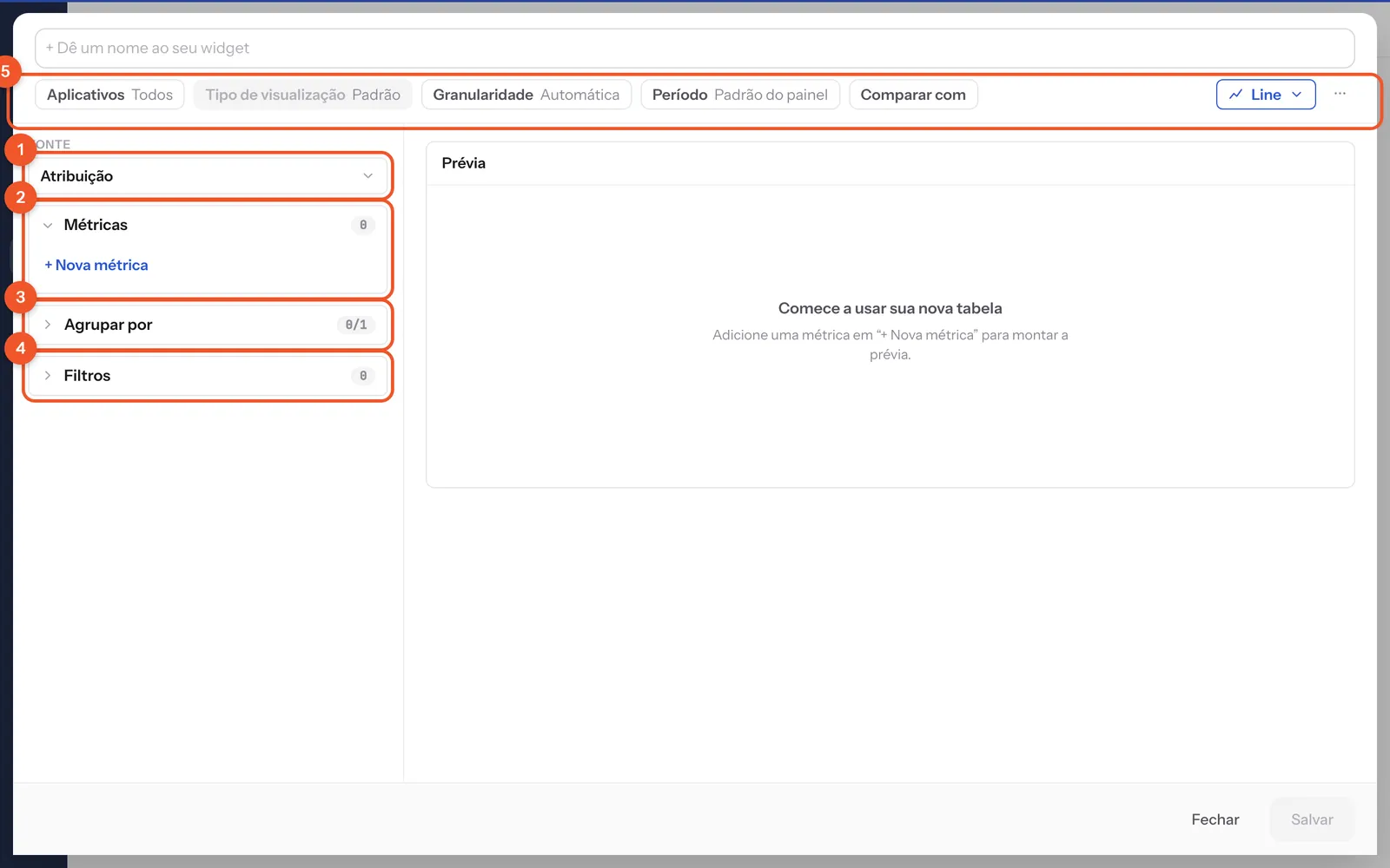 A folha do widget: à esquerda o que ler, à direita a prévia.