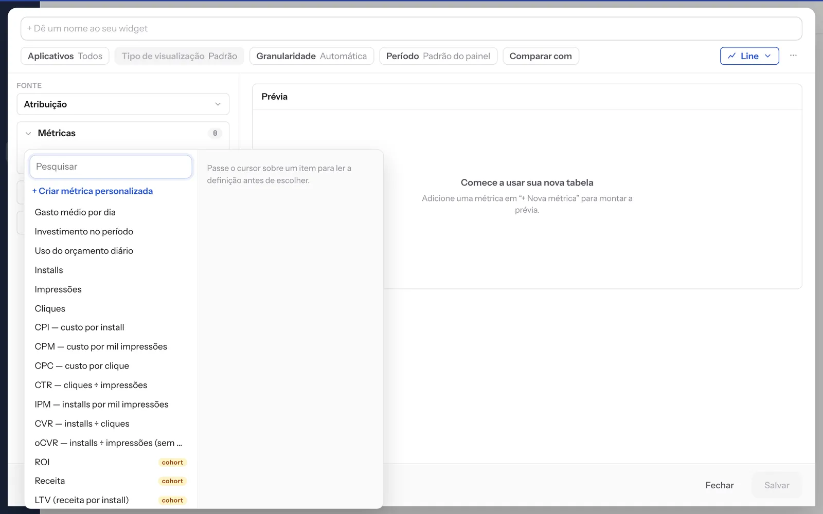A lista de métricas com busca e a definição de cada uma.