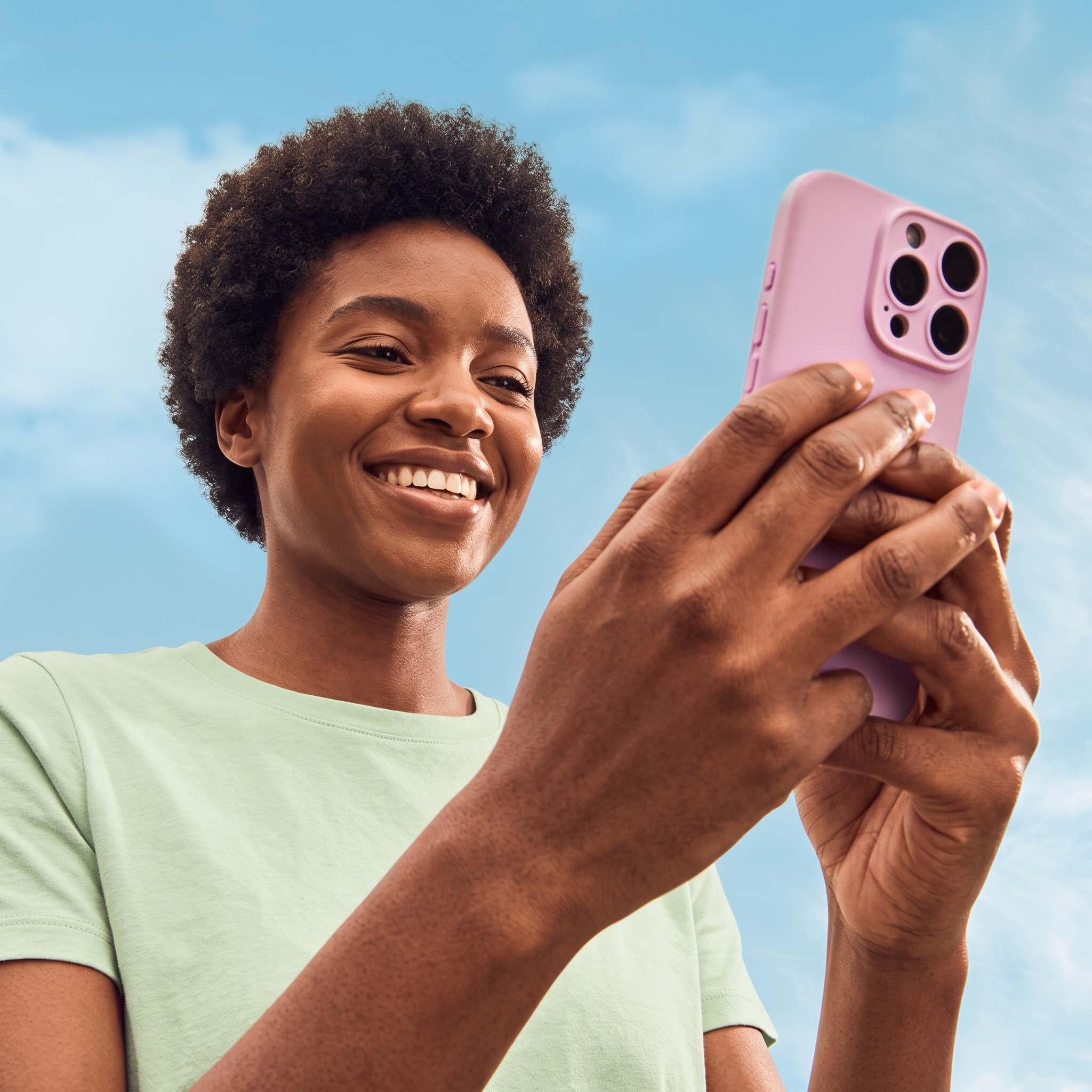 Pessoa sorrindo enquanto acompanha as campanhas pelo celular